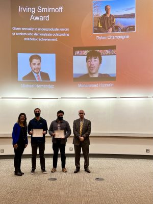 Prof. Bayulgen and Prof. Yalof pose with Irving Smirnoff Award recipients Michael Hernandez, Mohammed Hussain, and Dylan Champagne.
